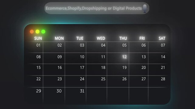 Dark Mode Web Search Animation Transitioning to Calendar Interface with Typing Effect