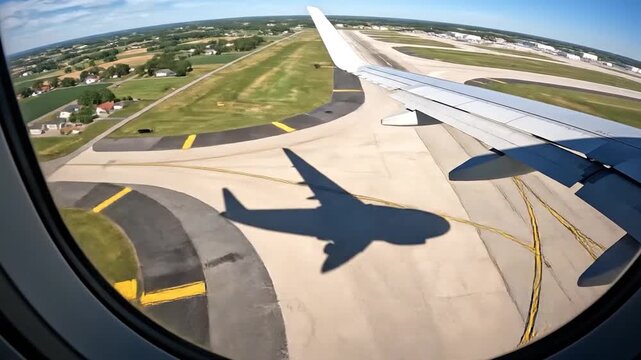 View from airplane window shows shadow on agricultural fields