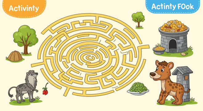A colorful maze illustration for kids with a lion, deer, and trees