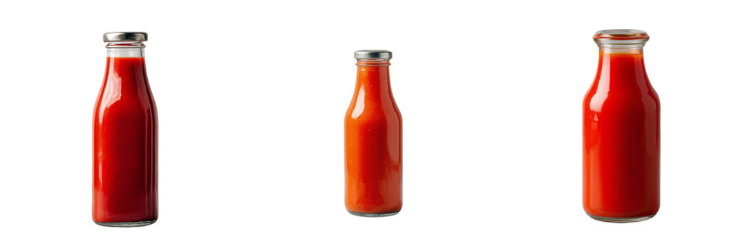 Set of Bright red sauce inside a transparent glass bottle with metallic cap minimal composition on transparent png background. Ai generated