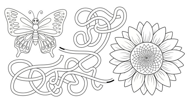 A delicate black and white vector illustration of a butterfly, sunflower, and intricate knotwork design