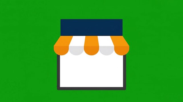 Animated storefront icon with striped awning on vibrant green background.