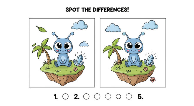 A colorful vector graphic illustration of a spot the differences game featuring a cartoon alien on a floating island