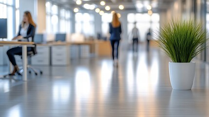 Fototapeta premium Blurred open space motion of people walking in modern office hallway with glass walls and bright overhead lights, conveying business activity.