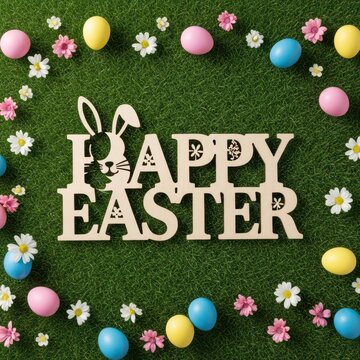 Colorful easter celebration with festive eggs and bunny decorations on green grass.