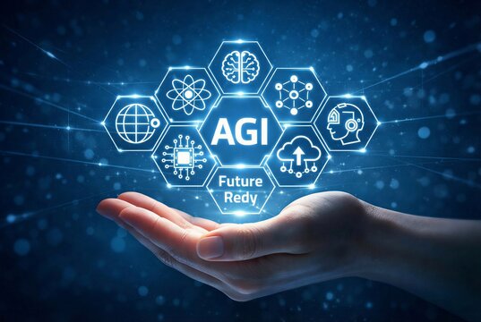 Human hand holding virtual agi icons and artificial general intelligence future technology interface