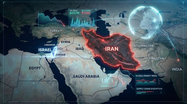 Digital map highlighting iran and middle east with global market and oil price indicators