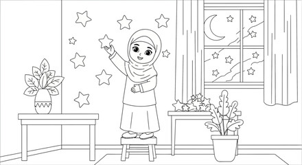 A young Muslim girl wearing a hijab stands on a stool in a room, reaching for stars on the wall. © mim