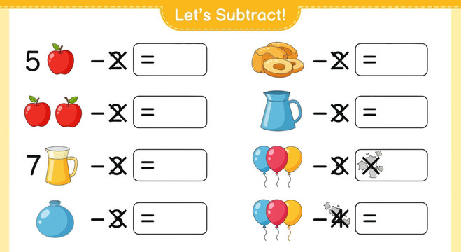A colorful vector graphic illustration of a math worksheet for kids with a subtraction theme