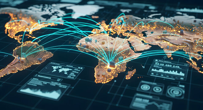 Futuristic global network connection map with data communication and logistics tracking