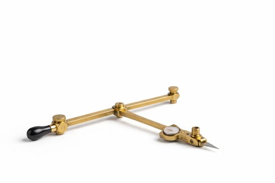 Brass planimeter drawing instrument with articulated arms isolated on white background