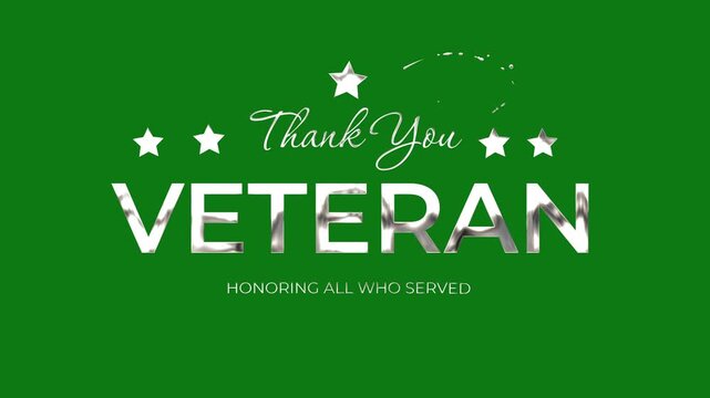thank you veteran day featuring silver metallic text design on green screen background. perfect for patriotic posters, banners, and remembrance graphics.
