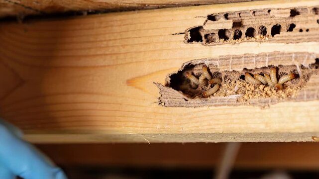Pest inspector pointing at termite larvae and structural damage in a crawl space wooden beam.