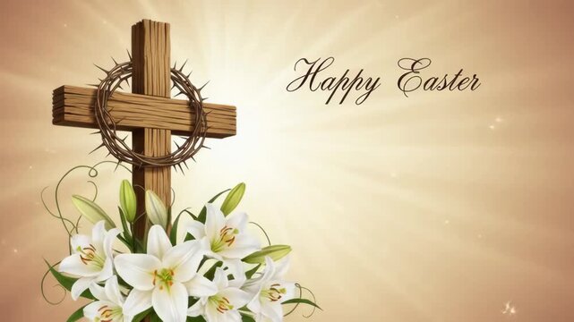 Wooden cross with crown of thorns and white lily bouquet under radiant sunlight with "happy easter" script a serene religious holiday greeting illustration.