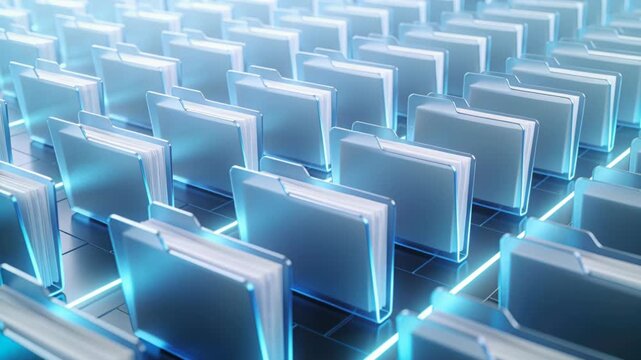 Futuristic digital folders organized in a grid with cyan light representing data management.
