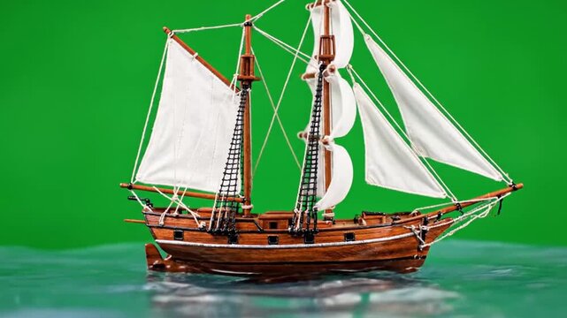 Model Wooden Sailboat Floating on Water Green Screen Isolated