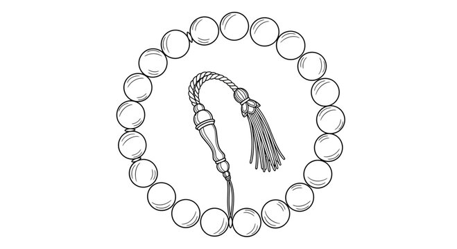 A minimalist line art illustration of a mala bead necklace with tassel
