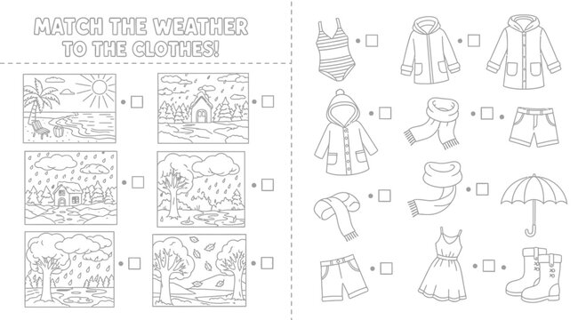 A vector graphic illustration of a weather and clothing matching activity for kids
