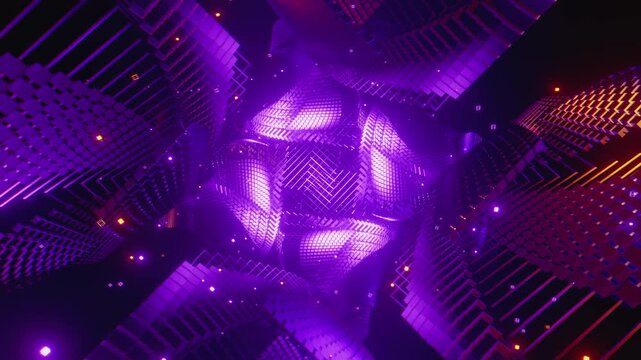 4k loop video of Dynamic rhythmic vj tunnel with interlocking angular shapes and glowing energy for VJ sets, high-tech club visuals,  electronic music festivals, stage screens and for LED video walls