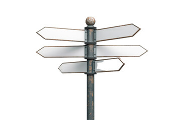 Obraz premium Old rusty signpost providing multiple blank arrows inviting decision making about future directions and choices