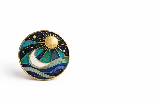 Cloisonne enamel art medallion with abstract celestial pattern isolated on white background