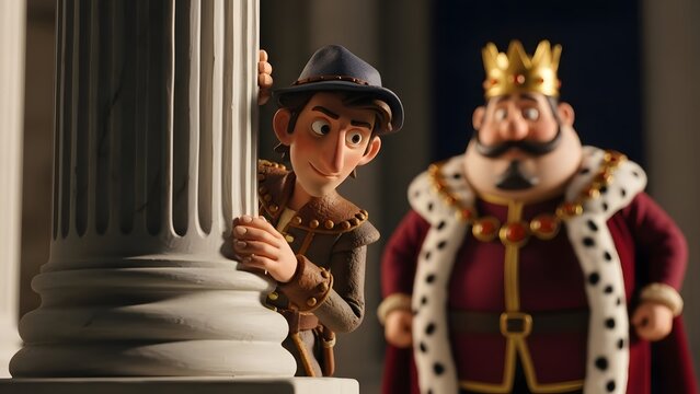 A mischievous jester peeks around a column, observing a regal king adorned in a crown and royal attire