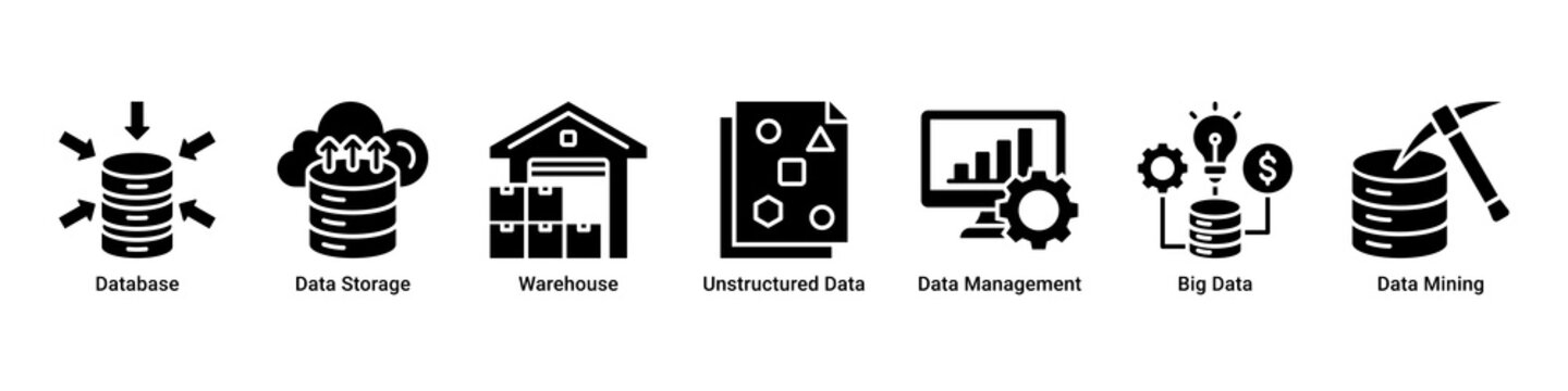 Data Management web banner icon vector illustration with Database,Data Storage,Warehouse,Unstructured Data,Data Management,Big Data,and Data Mining