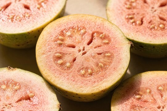 Vibrant slices of pink guava showcasing intricate seed patterns and subtle textures in natural lighting reflecting the essence of tropical vitality and healthy eating