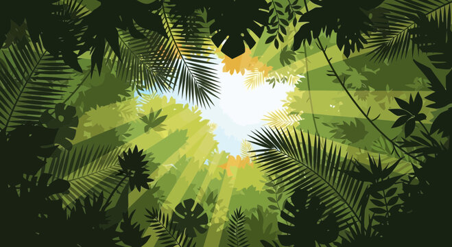 A vibrant vector illustration of a tropical forest canopy with lush green leaves and a bright sun shining through