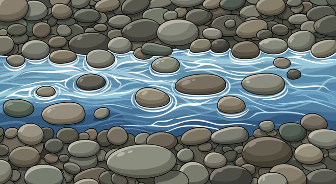 A serene vector illustration of a small stream flowing over smooth rocks