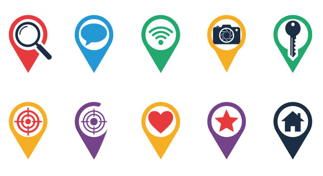 Colorful map pin icons representing search communication and various points of interest
