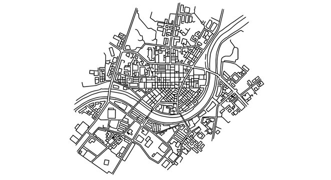 Abstract line drawing depicting a dense urban city layout with winding roads
