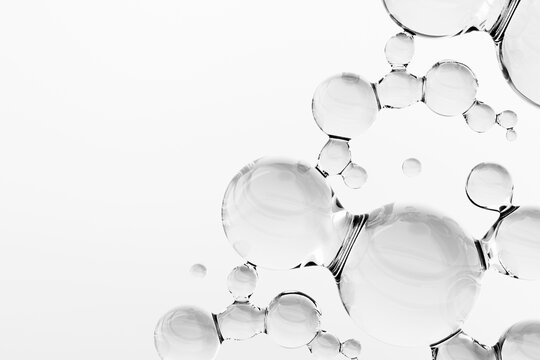 Transparent molecular spheres on white background, symbolizing skincare, collagen and cosmetic science. Clean minimal composition with soft light, purity concept and copy space for design.