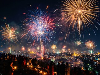 Naklejka premium Spectacular fireworks display over city skyline during festival celebration with crowd gathering