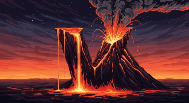 A vibrant vector illustration of a volcanic eruption at sunset with lava flowing into the ocean