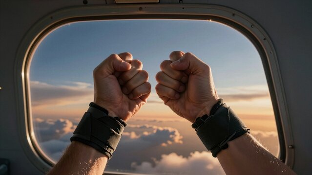 Close-up of clenched fists gripping airplane window during skydiving preparation at sunset.