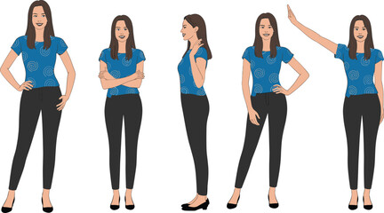 Fototapeta premium Young woman character set with different poses and gestures, casual outfit female standing, front and side view vector illustration isolated on white background