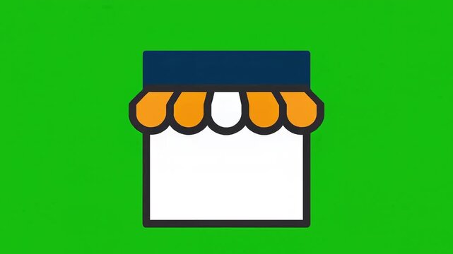 Animated storefront icon with awning on green screen background.