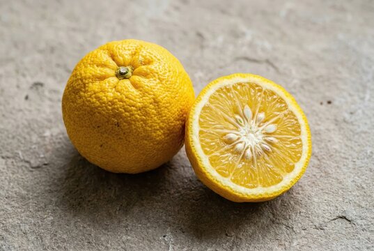Fresh citrus fruit showcasing a whole lemon beside a halved yellow lemon on a textured background highlighting natural culinary inspiration and organic agriculture