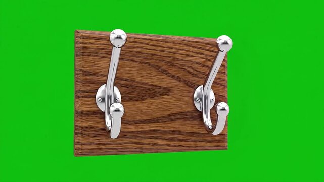 Wooden Coat Rack with Two Silver Hooks on Green Screen Background.