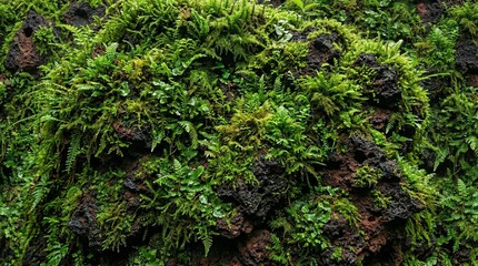 Fototapeta premium Seamless texture of dense vibrant green tropical moss growing on dark porous volcanic laterite rock, lush jungle background. 