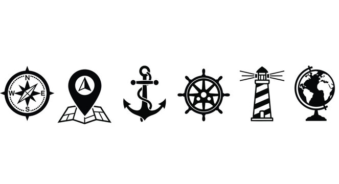 Nautical themed icons compass map anchor ship wheel lighthouse and globe