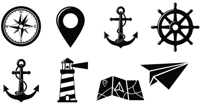 Nautical themed icons including compass anchor lighthouse and map elements