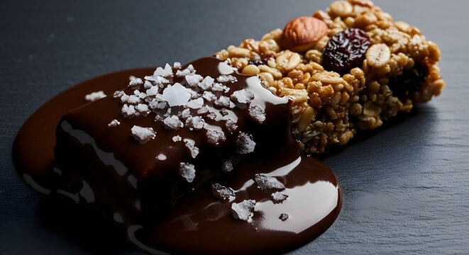 Gourmet granola bar dipped in dark chocolate with sea salt