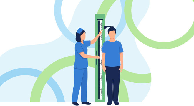 Doctor measuring height of a man with a stadiometer, medical check-up, health assessment