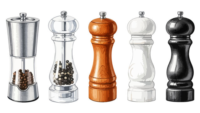 ブラックペッパーのスパイスミルの水彩風イラストセット,黒胡椒,調味料,手書き風素材