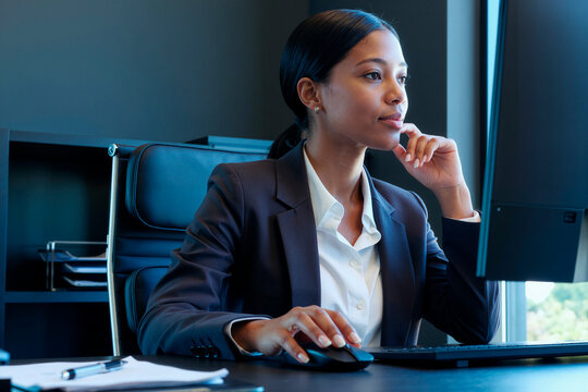 Black young adult businesswoman working at desktop computer in office, reviewing information and planning strategy. Ideal for corporate leadership, career growth, productivity marketing