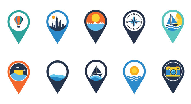 Collection of colorful location pin icons depicting various travel destinations