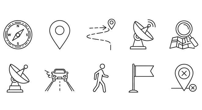 Navigation and travel icons compass map markers satellite dishes and more