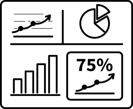 Business Analytics Dashboard Icon Set with Charts and 75 Percent KPI Growth Panel